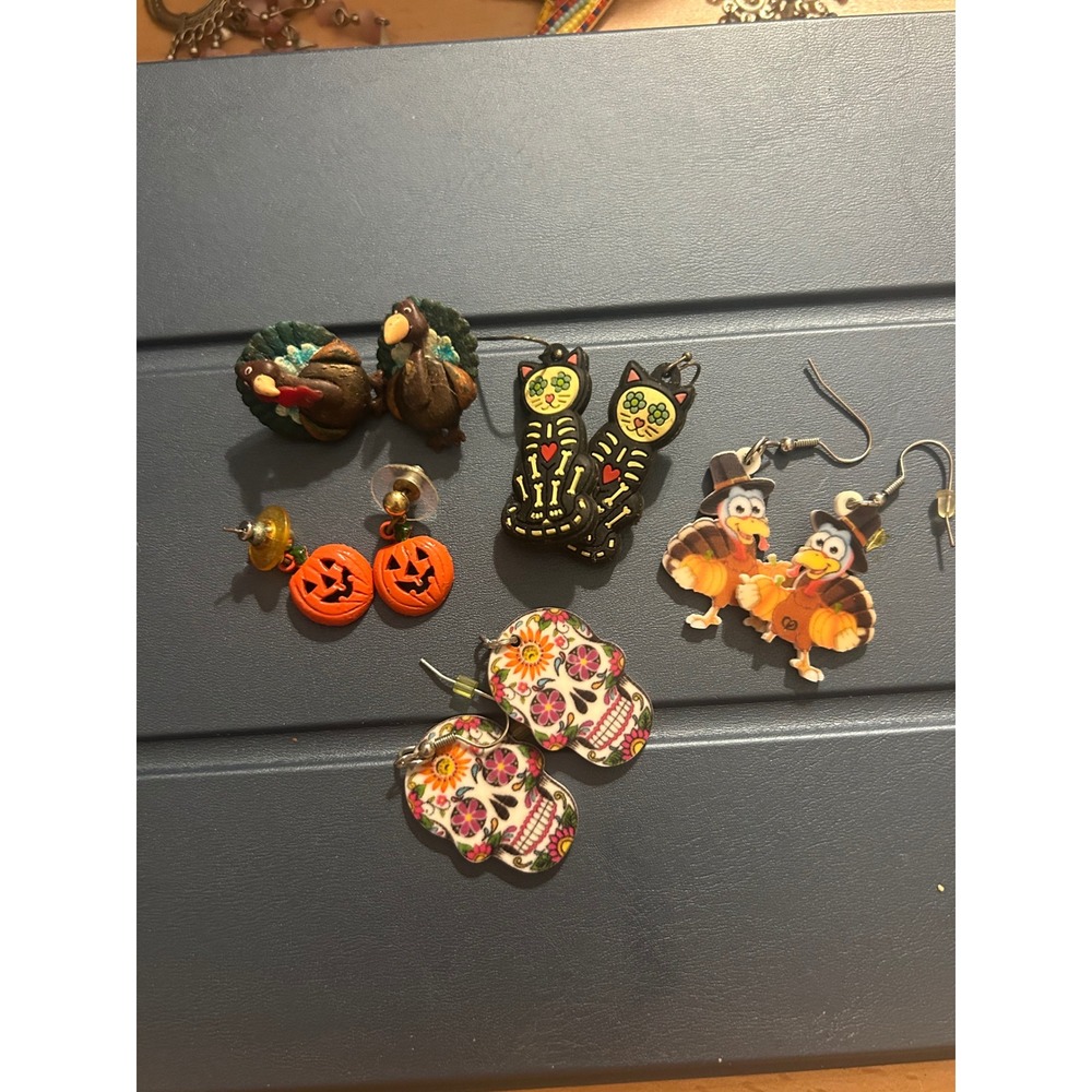 Lot of 5 Halloween Thanksgiving Earrings Pumpkin Turkey Sugar Skull Cat Bundle